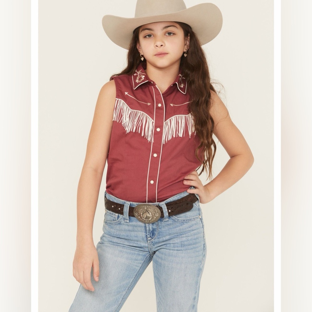 ROCK & ROLL DENIM GIRLS' EMBROIDERED RETRO SLEEVELESS SNAP WESTERN SHIRT XS